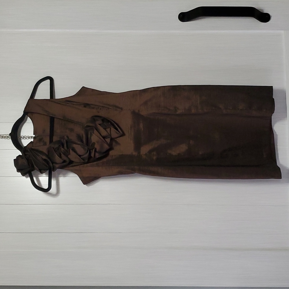 Vintage Cache metallic Brown ruched neck dress sz 10 or Small see measurements
